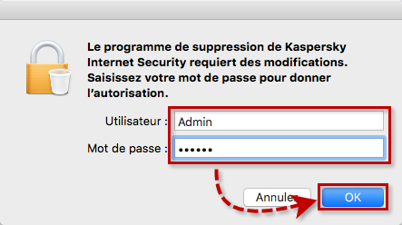 Saisir le mot de passe d'administrateur pour supprimer Kaspersky Internet Security 16 for Mac