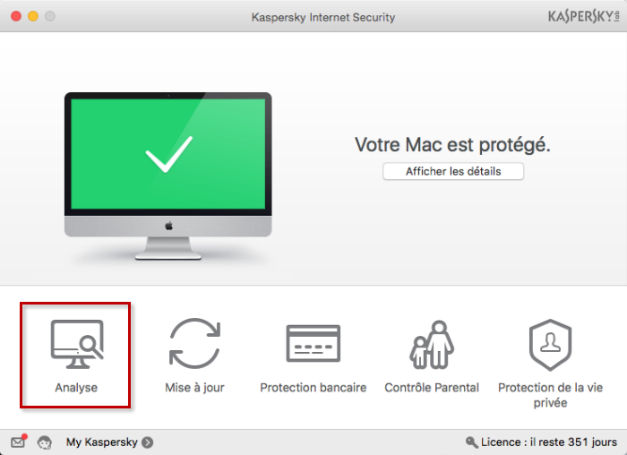 Image : lancer l'analyse dans Kaspersky Internet Security 16 for Mac