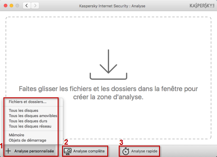 Image : sélectionner le type d'analyse dans Kaspersky Internet Security 16 for Mac 
