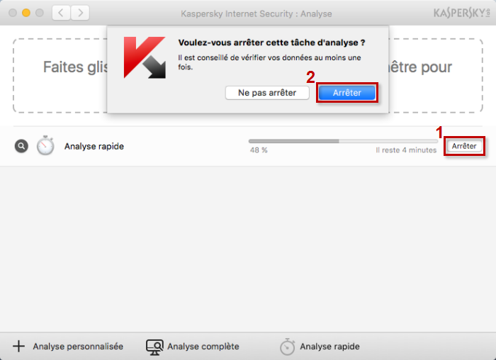 Image : arrêter l'analyse dans Kaspersky Internet Security 16 for Mac