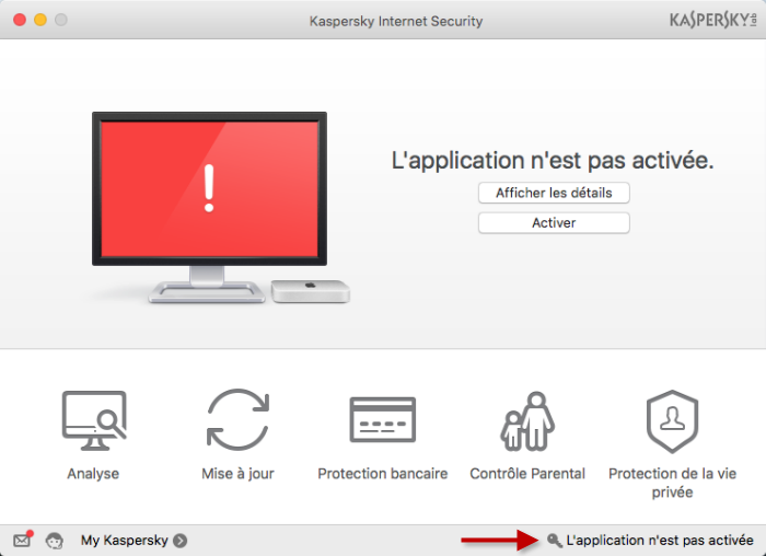 Pour activer la version complète de Kaspersky Internet Security 16 for Mac, cliquez sur le lien Licence dans la fenêtre principale de l'application.