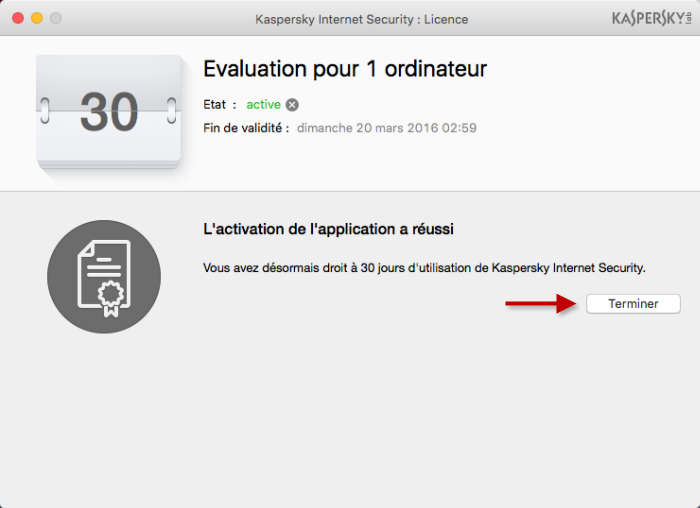 La version d'évaluation de Kaspersky Internet Security 16 for Mac est activée.