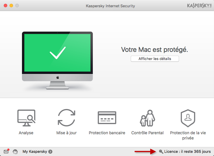 Pour apprendre la date d'expiration de la licence de Kaspersky Internet Security 16 for Mac, dans la partie inférieure de la fenêtre principale de l'application cliquez sur le lien Licence.