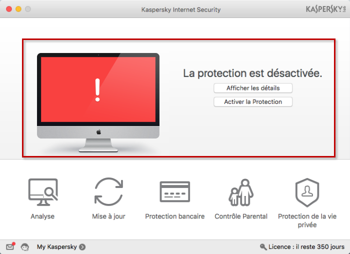 Image : l'indicateur de la protection de Kaspersky Internet Security 16 for Mac est rouge