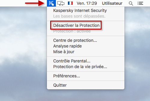 Image : désactiver la protection depuis le menu de Kaspersky Internet Security 16 for Mac