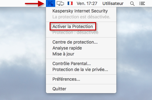 Image : activer la protection depuis le menu de Kaspersky Internet Security 16 for Mac