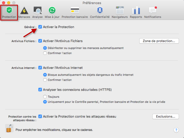 Image : activer la protection depuis les préférences de Kaspersky Internet Security 16 for Mac