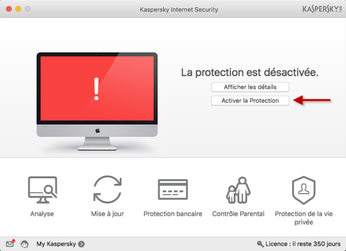 Image : activer la protection depuis la fenêtre principale de Kaspersky Internet Security 16 for Mac