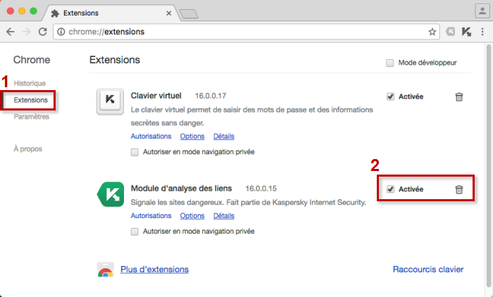 Image : désactiver ou supprimer l'extension dans Google Chrome