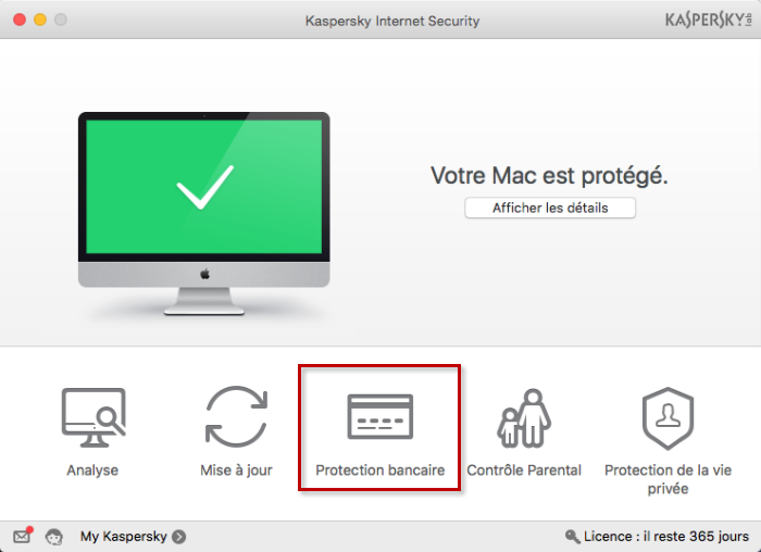 Ajoutez l'adresse d'un site Internet d'un système bancaire ou de paiement en ligne à la base de données de la Protection bancaire dans Kaspersky Internet Security 16 for Mac.