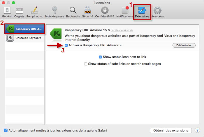 Pour utiliser la Protection bancaire dans Kaspersky Internet Security 16 for Mac, activez Kaspersky URL Advisor dans Safari.
