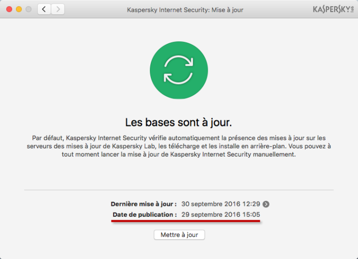 Image : informations sur la date d'édition des bases de données antivirus de Kaspersky Internet Security 16 for Mac