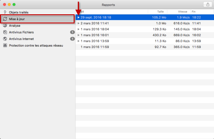 Image : rapports de mise à jour dans Kaspersky Internet Security 16 for Mac