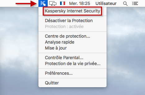 Image : lancement de Kaspersky Internet Security 16 for Mac depuis la barre de menu OS X