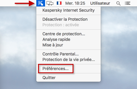Image : accéder aux préférences de Kaspersky Internet Security 16 for Mac depuis la barre de menu OS X