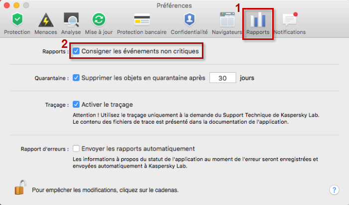 Image : activer l'enregistrement des événements non critiques dans Kaspersky Internet Security 16 for Mac 