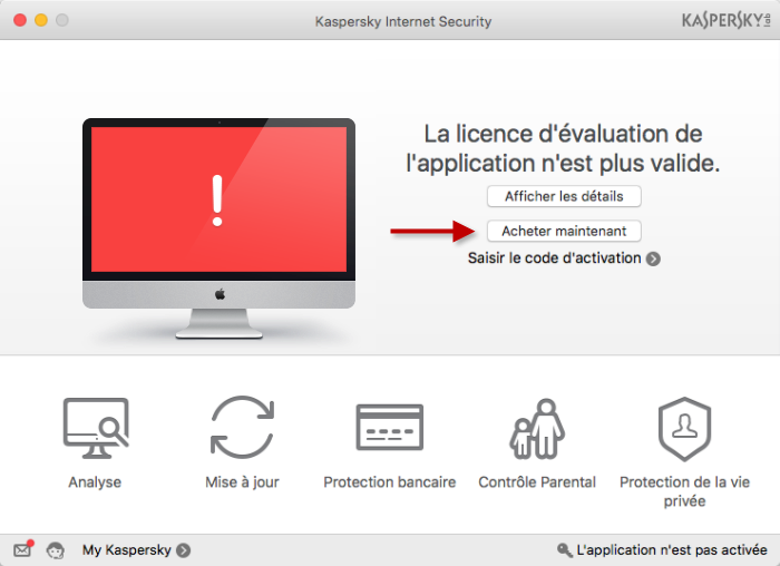 Image : passer à l'achat d'un code d'activation depuis la fenêtre principale de Kaspersky Internet Security 16 for Mac