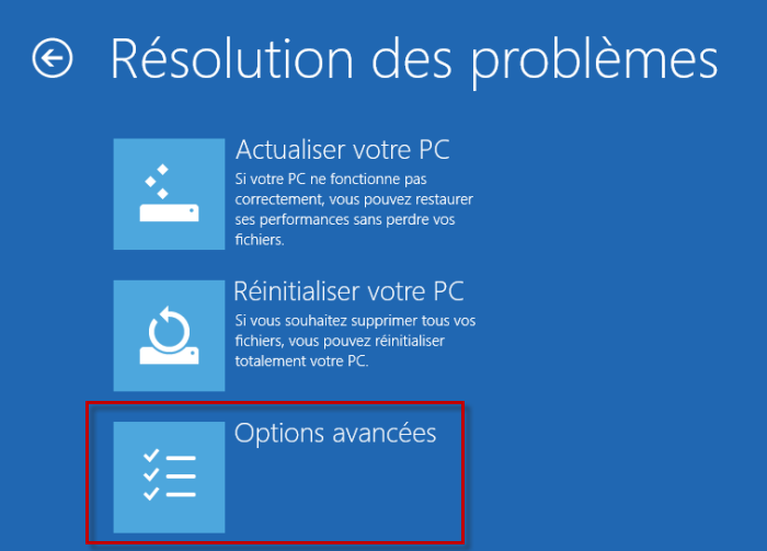 Menu Résolution des problèmes dans Windows