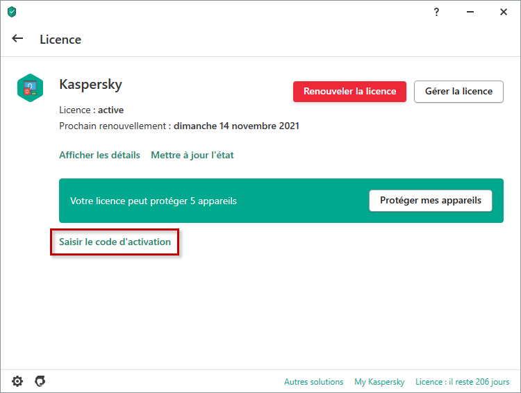 Ajouter un code d'activation de réserve dans une application de Kaspersky