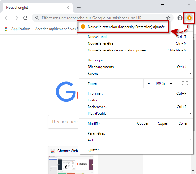 Passer à l'activation de l'extension Kaspersky Protection dans Google Chrome