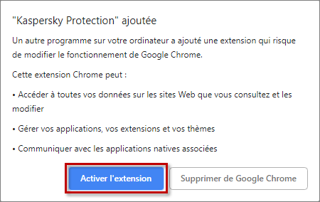 Activer l'extension Kaspersky Protection dans Google Chrome