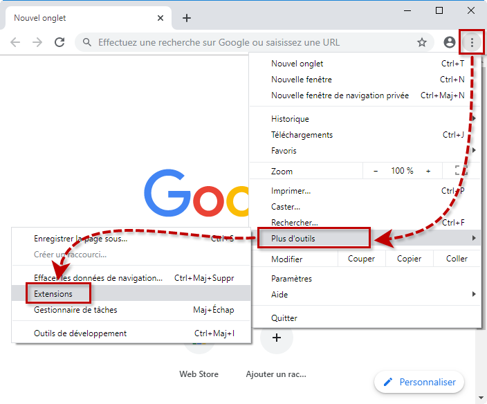 Accéder à la liste des extensions dans Google Chrome