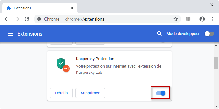 Activer l'extension Kaspersky Protection dans Google Chrome
