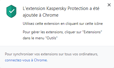 Message sur l'installation réussie de l'extension Kaspersky Protection dans Google Chrome