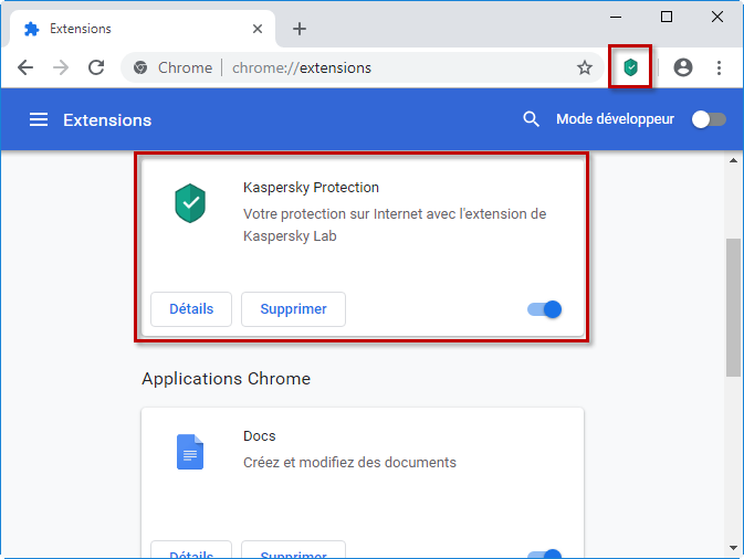Kaspersky Protection dans la liste des extensions et dans la barre d'outils dans Google Chrome