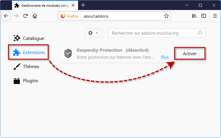 Activer l'extension Kaspersky Protection dans Mozilla Firefox