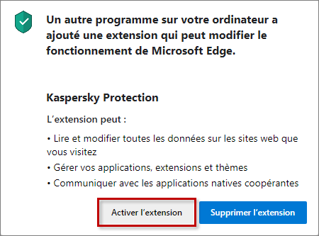 Confirmer l'activation de l'extension Kaspersky Protection dans Microsofr Edge basé sur Chromium