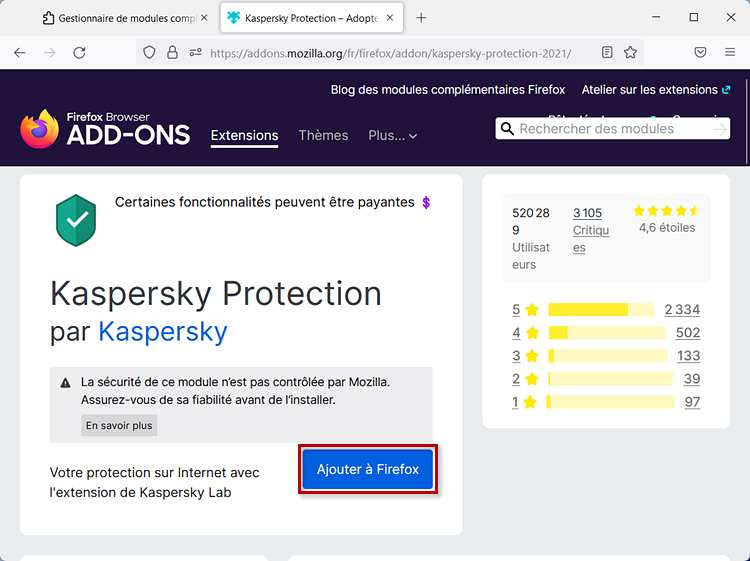 Ajouter l'extension Kaspersky Protection dans Mozilla Firefox
