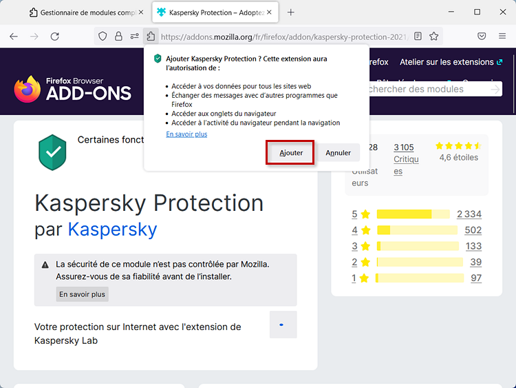 Confirmer l'ajout de l'extension Kaspersky Protection dans Mozilla Firefox