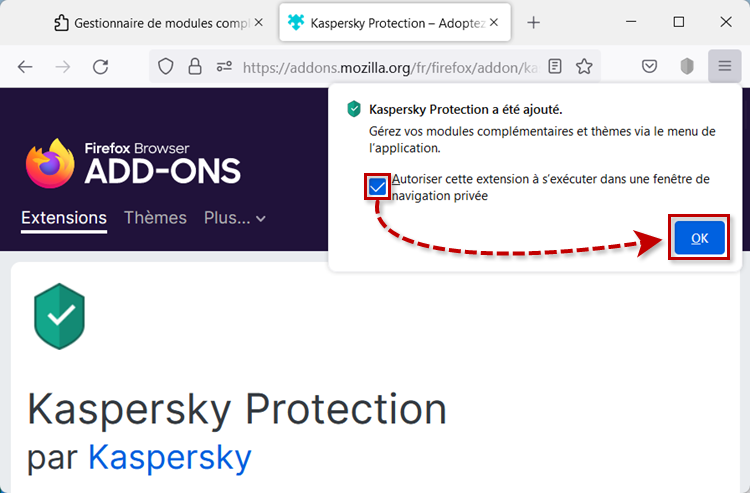 L'extension Kaspersky Protection est installée dans Mozilla Firefox
