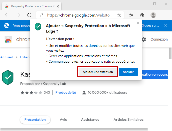 Installer l'extension Kaspersky Protection dans Microsoft Edge basé sur Chromium