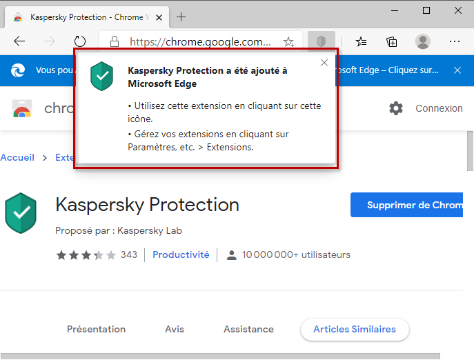 Message sur l'installation réussie de l'extension Kaspersky Protection dans Microsoft Edge basé sur Chromium