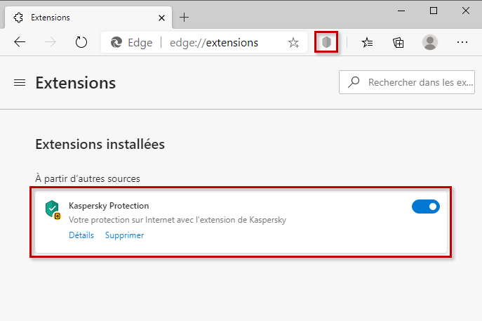 Kaspersky Protection dans la liste des extensions et dans la barre d'outils dans Microsoft Edge basé sur Chromium