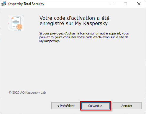 Votre code d'activation a été enregistré sur My Kaspersky