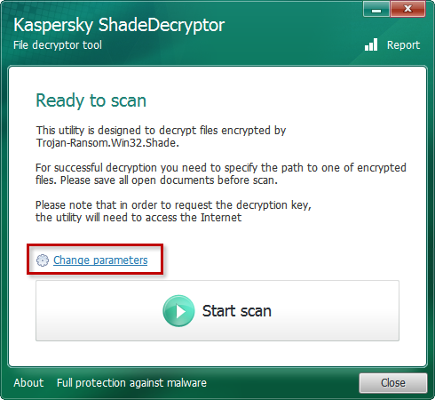 Ouvrir les paramètres de l'analyse dans Kaspersky ShadeDecryptor.