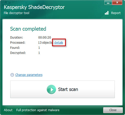 Consulter les informations détaillées sur l'analyse dans Kaspersky ShadeDecryptor.