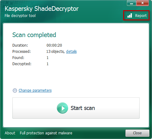 Consulter l'historique de toutes les analyses dans Kaspersky ShadeDecryptor.
