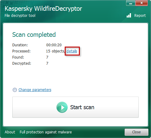 Consulter les informations détaillées sur l'analyse dans Kaspersky WildfireDecryptor