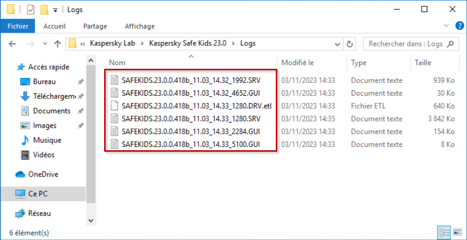 Ouvrir le dossier avec les fichiers de traces enregistrés de Kaspersky Safe Kids for Windows.