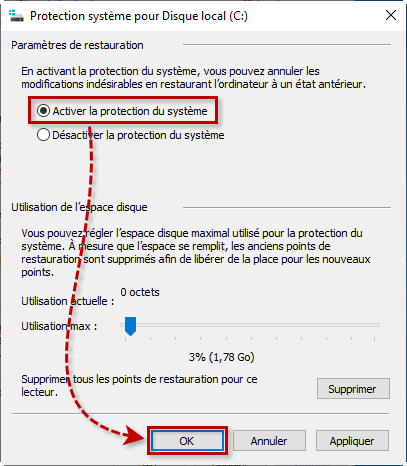 Désactiver la protection du système dans Windows 10.