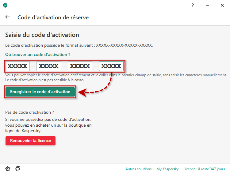 Entrer le code d'activation pour le renouvellement de la licence dans l'application de Kaspersky