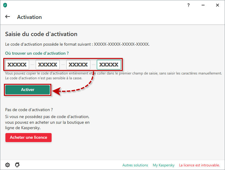 Entrer le code d'activation pour le renouvellement de la licence dans l'application de Kaspersky 