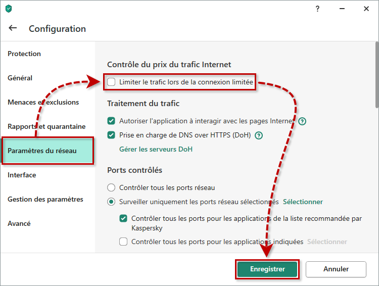 Désactiver l'option « Limiter le trafic lors de la connexion limitée » dans l'application de Kaspersky