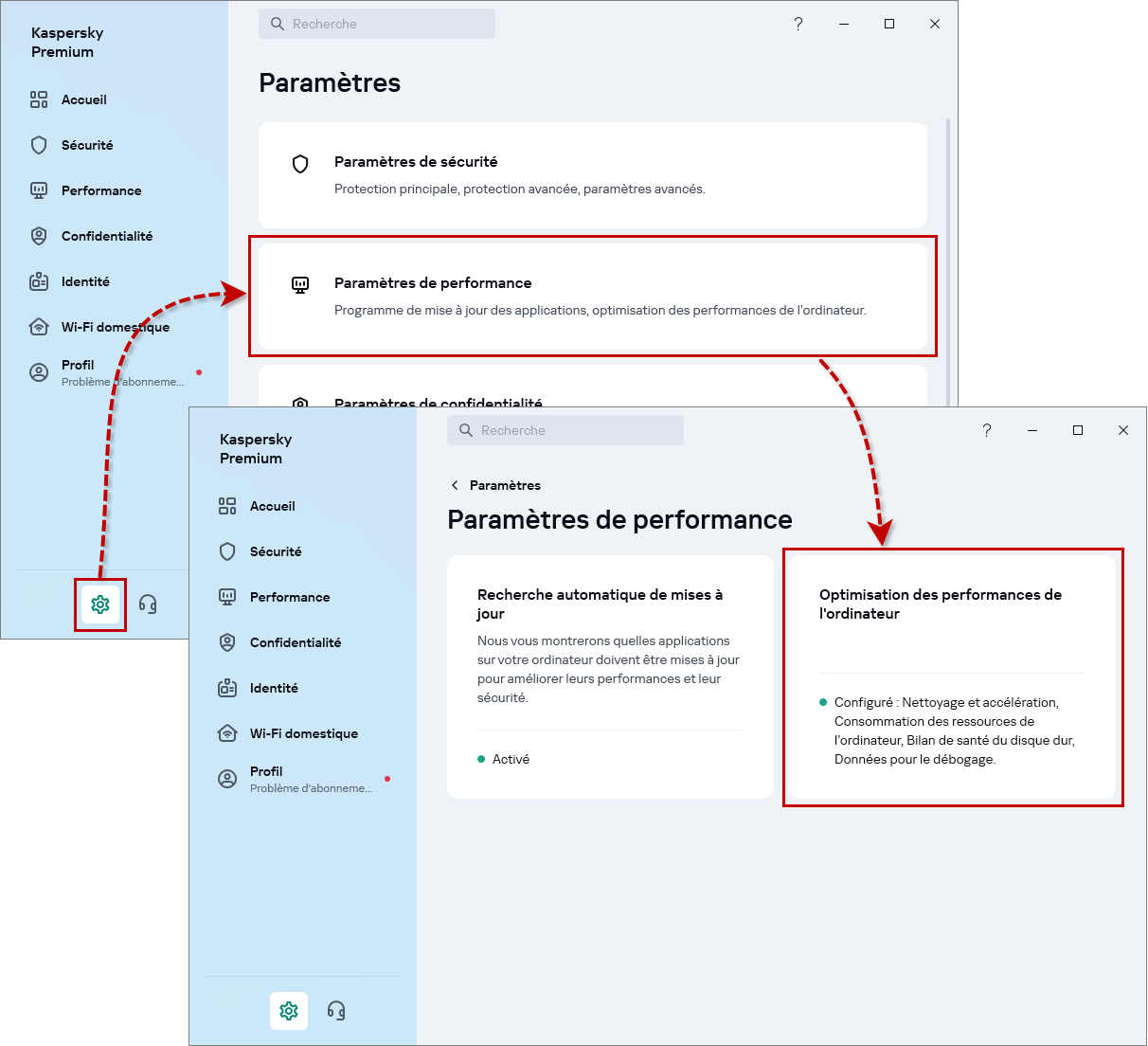 Accéder aux paramètres de la consommation de ressources de l'ordinateur dans l'application de Kaspersky.