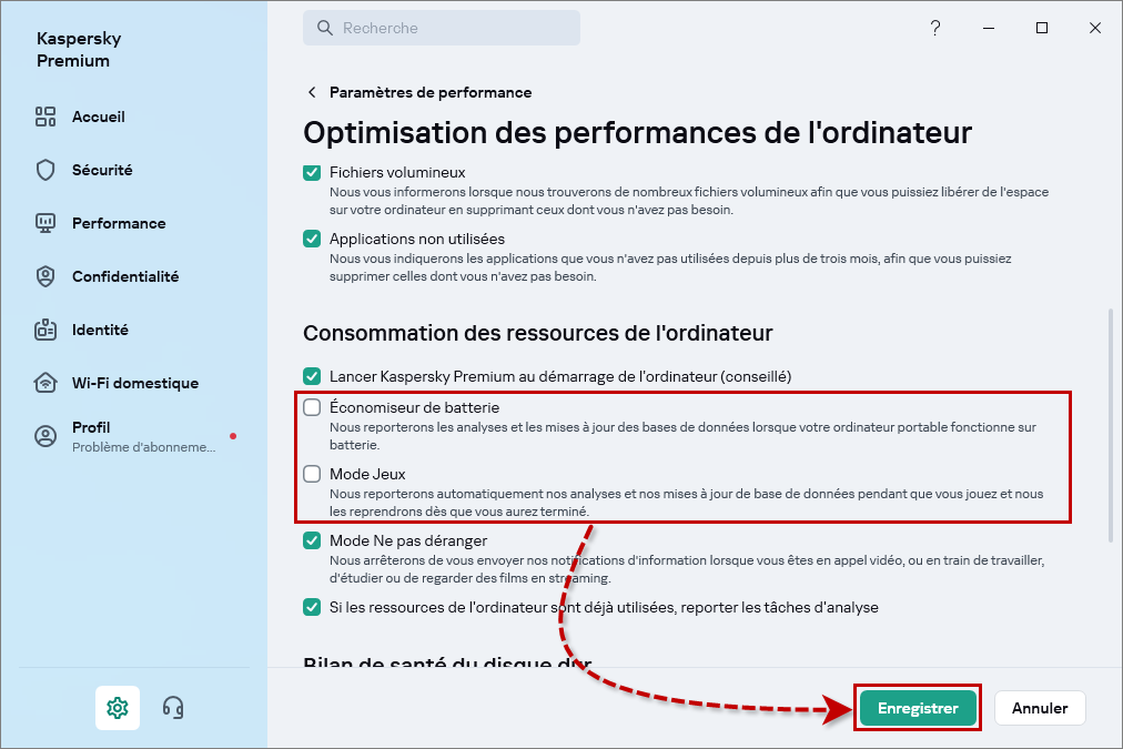 Ajuster les paramètres de la consommation de ressources de l'ordinateur dans l'application de Kaspersky.