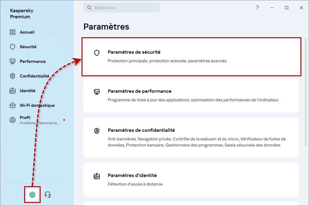 Accéder aux paramètres depuis la fenêtre principale de l'application de Kaspersky.